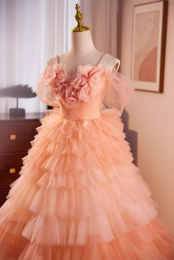 Fabulous A-Line Beaded Spaghetti Strap Evening Gowns Handmade Flowers Tiered Ombre Tulle Prom Dress AP5596