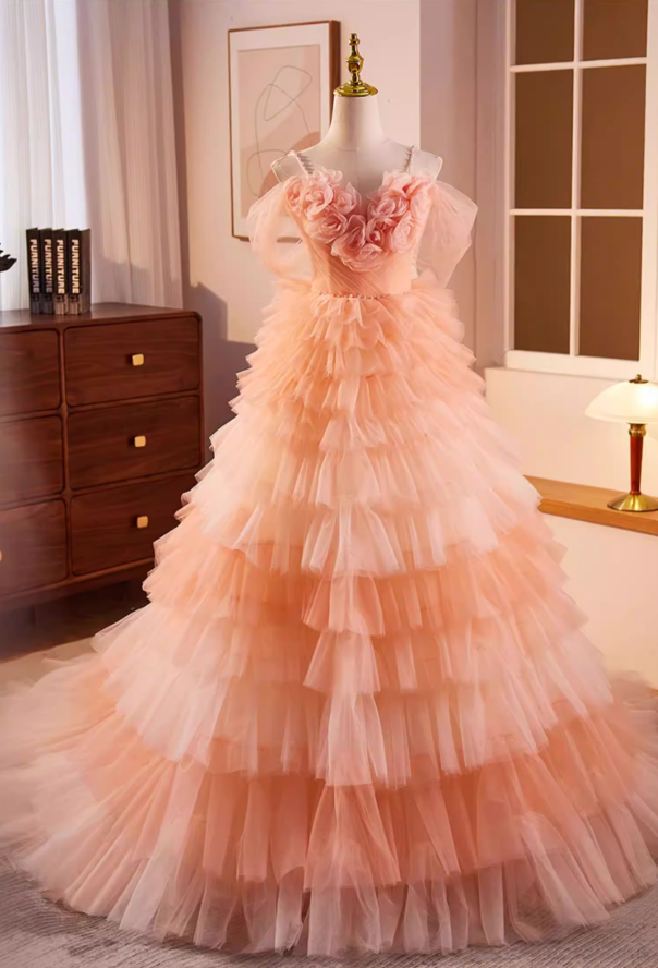 Fabulous A-Line Beaded Spaghetti Strap Evening Gowns Handmade Flowers Tiered Ombre Tulle Prom Dress AP5596