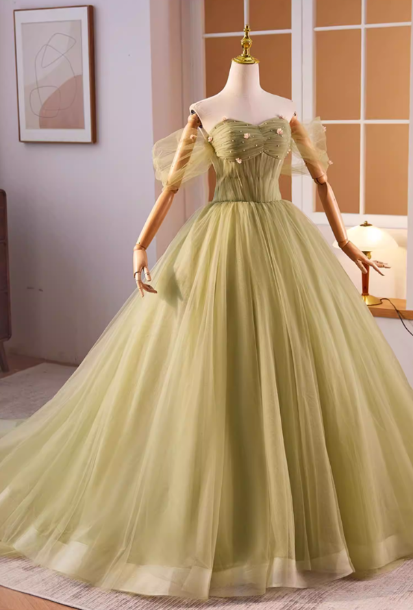 Chic A-Line Off-Shoulder Layered Tulle Sweet 16th Dresses Appliques Beads Prom Dress AP5597
