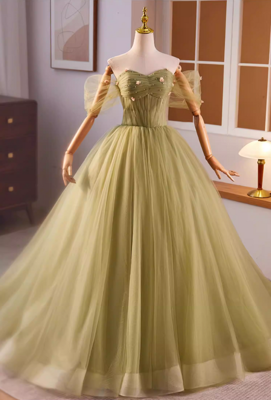 Chic A-Line Off-Shoulder Layered Tulle Sweet 16th Dresses Appliques Beads Prom Dress AP5597