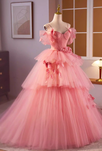 Luxurious A-Line Spaghetti Strap Tiered Tulle Evening Gowns Petals Handmade Flowers Pink Prom Dress AP5598