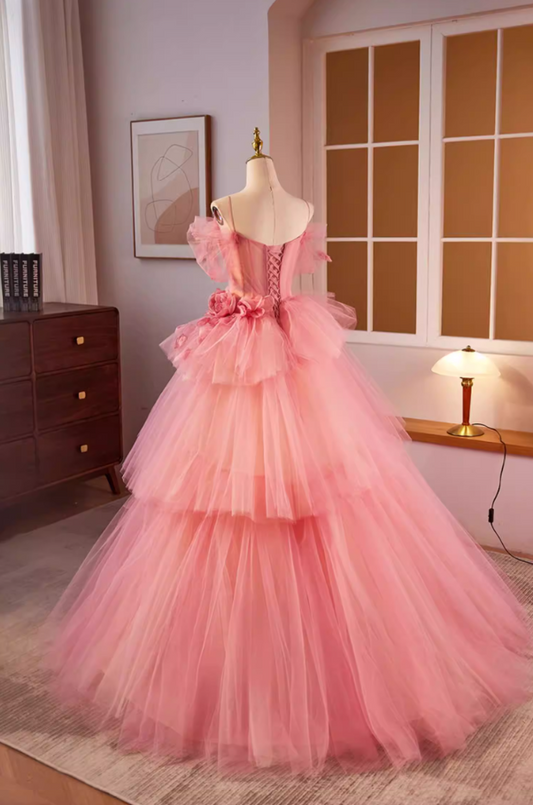 Luxurious A-Line Spaghetti Strap Tiered Tulle Evening Gowns Petals Handmade Flowers Pink Prom Dress AP5598