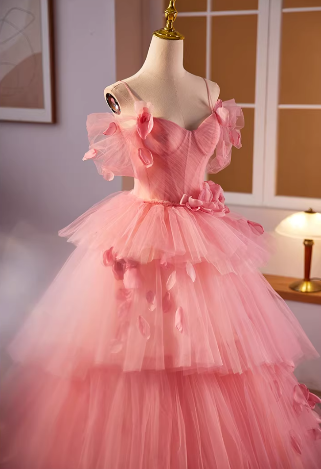 Luxurious A-Line Spaghetti Strap Tiered Tulle Evening Gowns Petals Handmade Flowers Pink Prom Dress AP5598