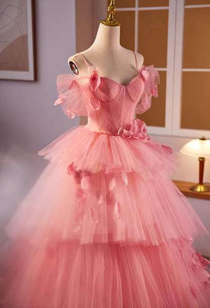 Luxurious A-Line Spaghetti Strap Tiered Tulle Evening Gowns Petals Handmade Flowers Pink Prom Dress AP5598