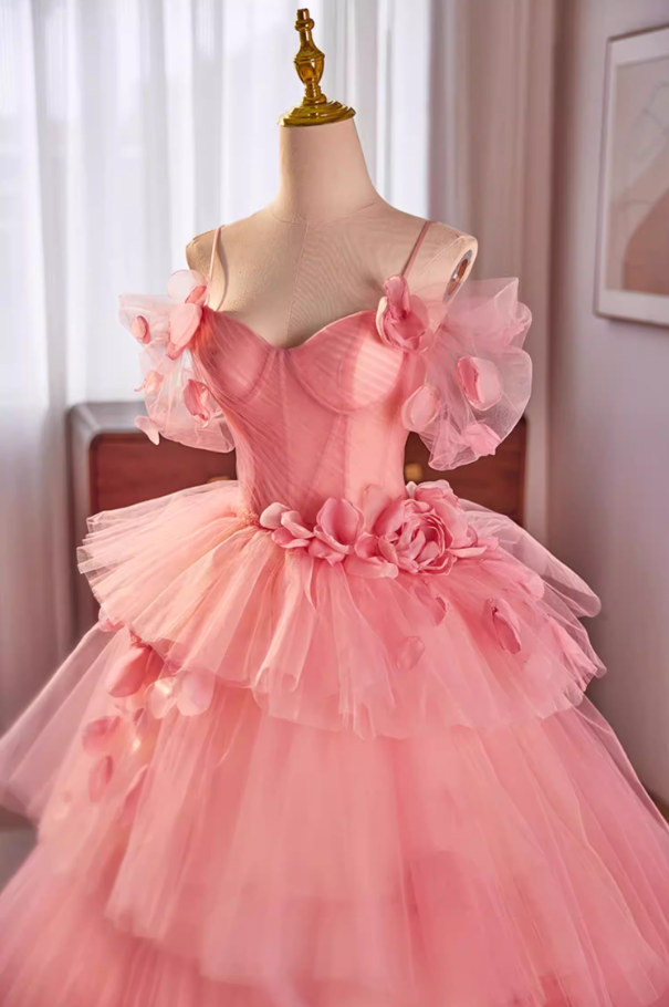 Luxurious A-Line Spaghetti Strap Tiered Tulle Evening Gowns Petals Handmade Flowers Pink Prom Dress AP5598