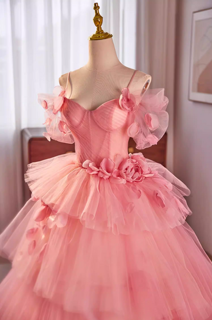 Luxurious A-Line Spaghetti Strap Tiered Tulle Evening Gowns Petals Handmade Flowers Pink Prom Dress AP5598