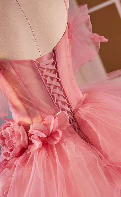 Luxurious A-Line Spaghetti Strap Tiered Tulle Evening Gowns Petals Handmade Flowers Pink Prom Dress AP5598