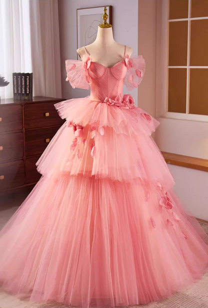 Luxurious A-Line Spaghetti Strap Tiered Tulle Evening Gowns Petals Handmade Flowers Pink Prom Dress AP5598
