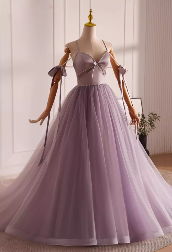 Luxury A-Line Spaghetti Strap Evening Gowns Beading Bows Layered Tulle Prom Dress AP5599