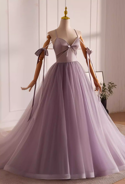 Luxury A-Line Spaghetti Strap Evening Gowns Beading Bows Layered Tulle Prom Dress AP5599