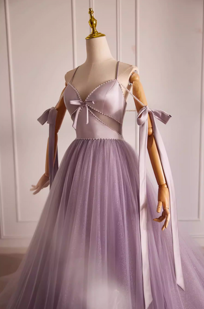 Luxury A-Line Spaghetti Strap Evening Gowns Beading Bows Layered Tulle Prom Dress AP5599