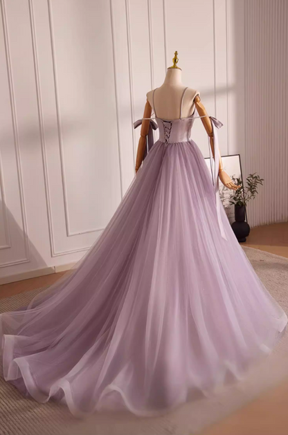 Luxury A-Line Spaghetti Strap Evening Gowns Beading Bows Layered Tulle Prom Dress AP5599