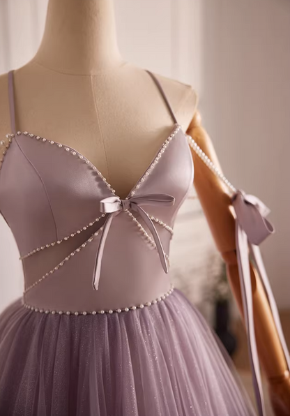 Luxury A-Line Spaghetti Strap Evening Gowns Beading Bows Layered Tulle Prom Dress AP5599