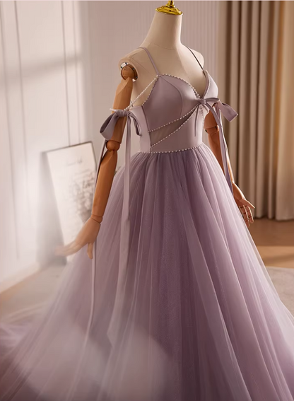 Luxury A-Line Spaghetti Strap Evening Gowns Beading Bows Layered Tulle Prom Dress AP5599