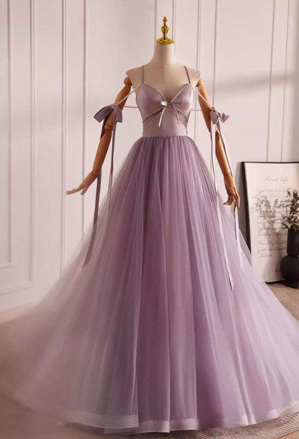 Luxury A-Line Spaghetti Strap Evening Gowns Beading Bows Layered Tulle Prom Dress AP5599