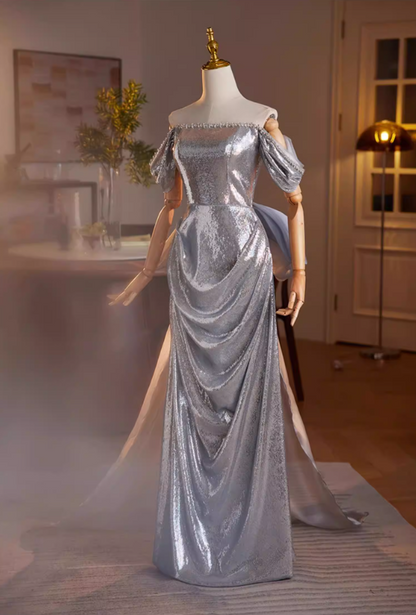 Graceful Sheath Beading Off-Shoulder Draped Sweet 16th Dresses Bow Train Silver Sequins Prom Dress AP5600