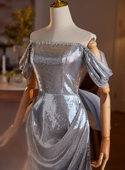 Graceful Sheath Beading Off-Shoulder Draped Sweet 16th Dresses Bow Train Silver Sequins Prom Dress AP5600