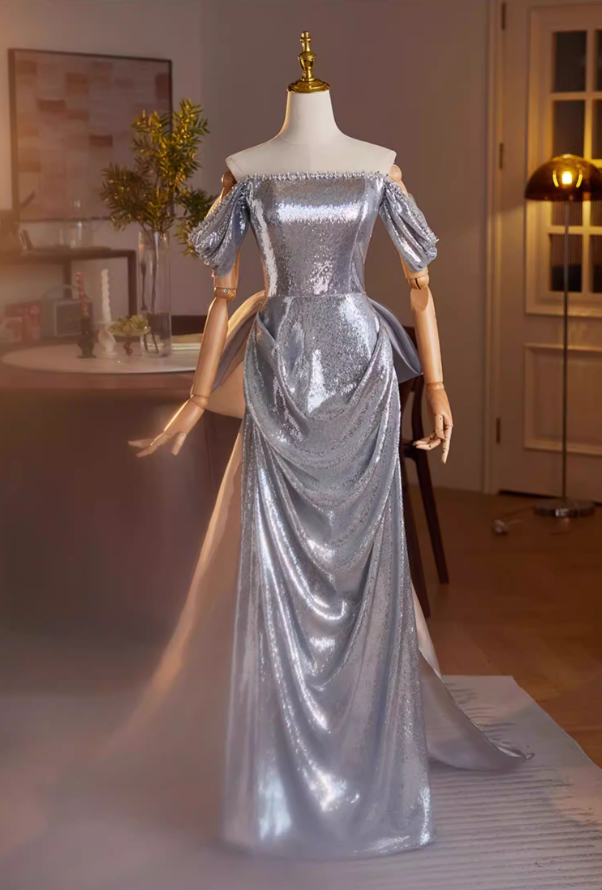Graceful Sheath Beading Off-Shoulder Draped Sweet 16th Dresses Bow Train Silver Sequins Prom Dress AP5600