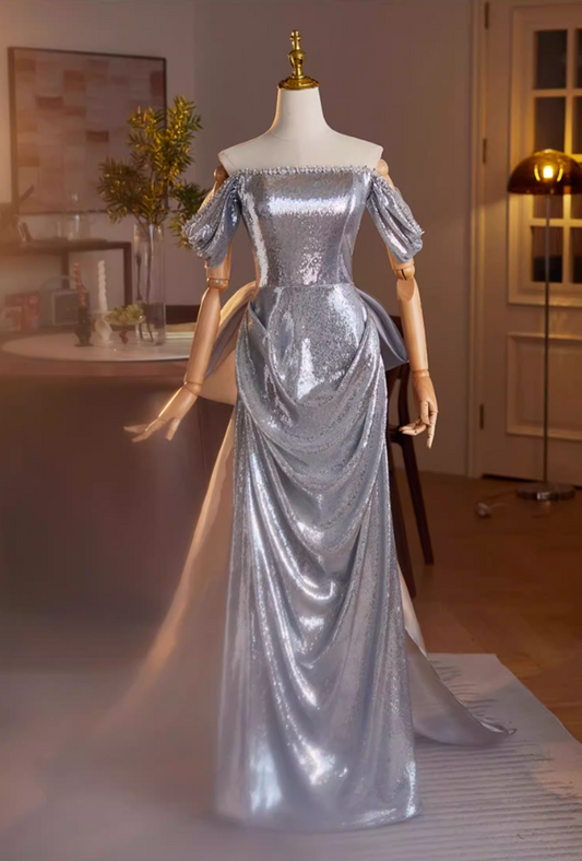 Graceful Sheath Beading Off-Shoulder Draped Sweet 16th Dresses Bow Train Silver Sequins Prom Dress AP5600