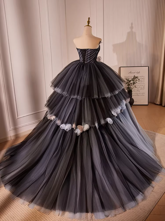 Elegant Strapless A-Line Tiered Black Sweet 16th Gowns Handmade Flowers Prom Dress AP5601
