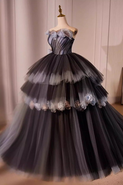 Elegant Strapless A-Line Tiered Black Sweet 16th Gowns Handmade Flowers Prom Dress AP5601