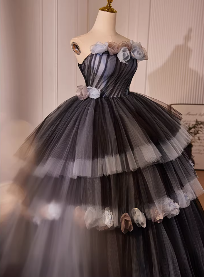 Elegant Strapless A-Line Tiered Black Sweet 16th Gowns Handmade Flowers Prom Dress AP5601