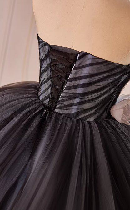 Elegant Strapless A-Line Tiered Black Sweet 16th Gowns Handmade Flowers Prom Dress AP5601
