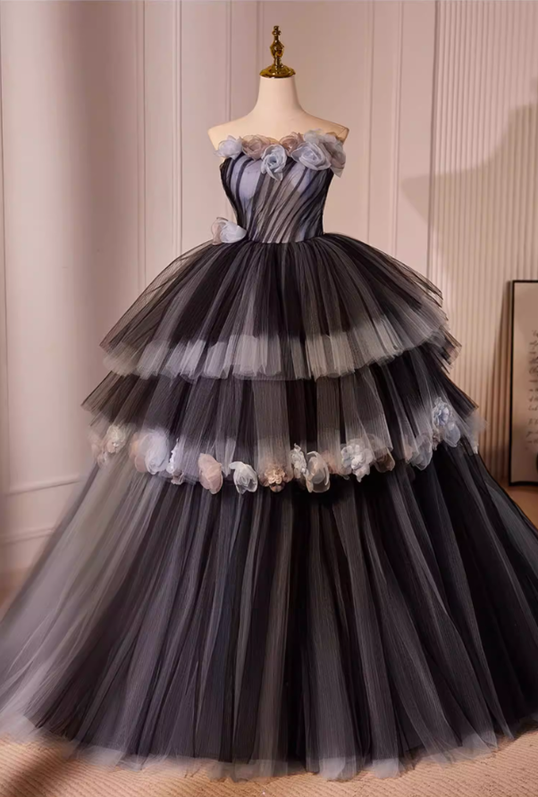 Elegant Strapless A-Line Tiered Black Sweet 16th Gowns Handmade Flowers Prom Dress AP5601