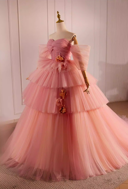 Fantastic A-Line Off-Shoulder Pink Tiered Tulle Sweet 16th Dresses Handmade Flowers Prom Dress AP5603
