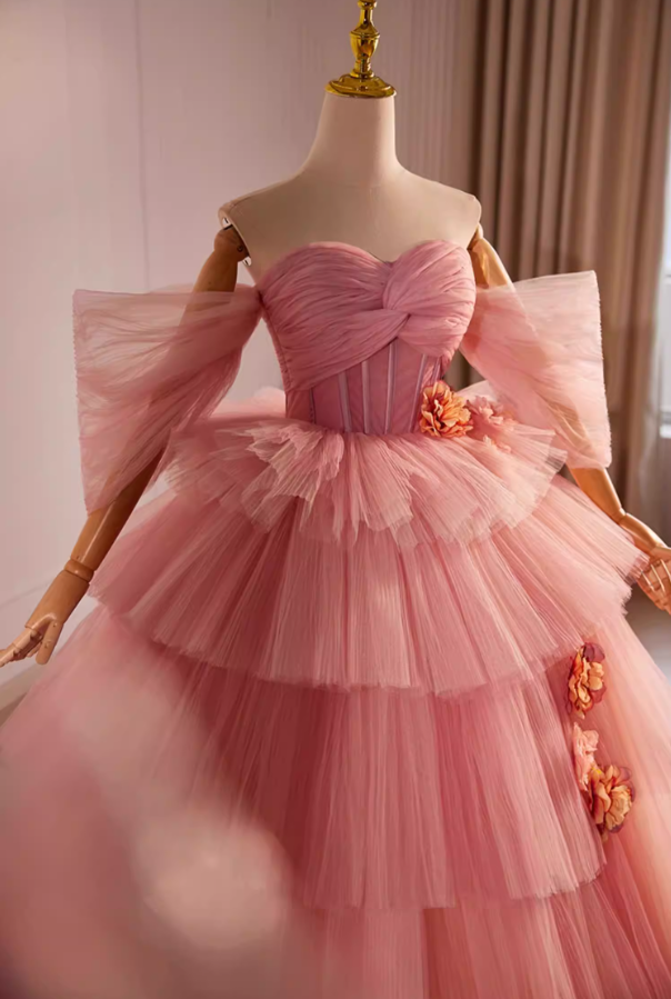 Fantastic A-Line Off-Shoulder Pink Tiered Tulle Sweet 16th Dresses Handmade Flowers Prom Dress AP5603