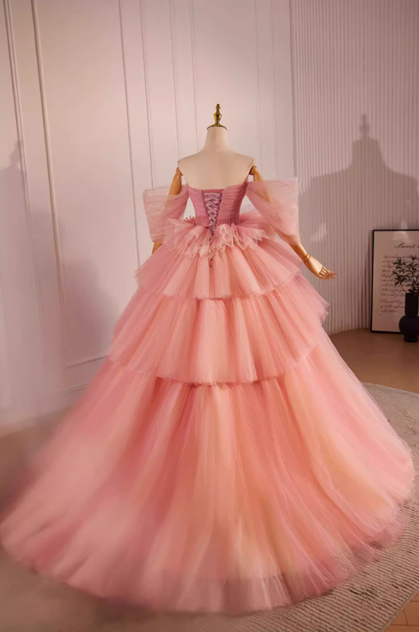 Fantastic A-Line Off-Shoulder Pink Tiered Tulle Sweet 16th Dresses Handmade Flowers Prom Dress AP5603