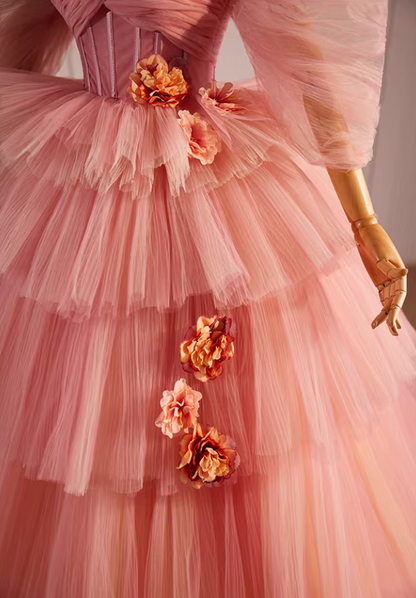 Fantastic A-Line Off-Shoulder Pink Tiered Tulle Sweet 16th Dresses Handmade Flowers Prom Dress AP5603