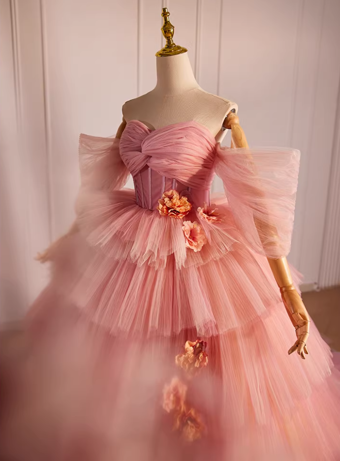 Fantastic A-Line Off-Shoulder Pink Tiered Tulle Sweet 16th Dresses Handmade Flowers Prom Dress AP5603