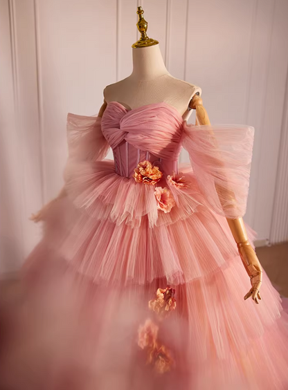Fantastic A-Line Off-Shoulder Pink Tiered Tulle Sweet 16th Dresses Handmade Flowers Prom Dress AP5603