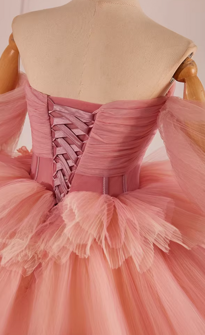 Fantastic A-Line Off-Shoulder Pink Tiered Tulle Sweet 16th Dresses Handmade Flowers Prom Dress AP5603