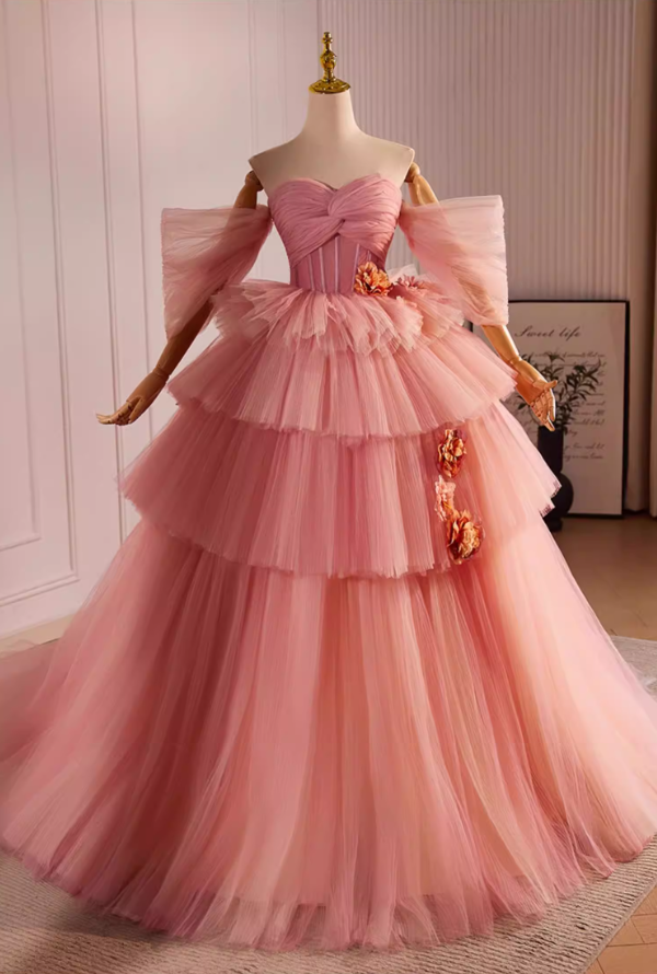 Fantastic A-Line Off-Shoulder Pink Tiered Tulle Sweet 16th Dresses Handmade Flowers Prom Dress AP5603