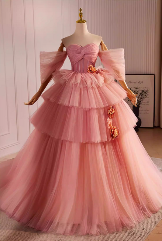 Fantastic A-Line Off-Shoulder Pink Tiered Tulle Sweet 16th Dresses Handmade Flowers Prom Dress AP5603