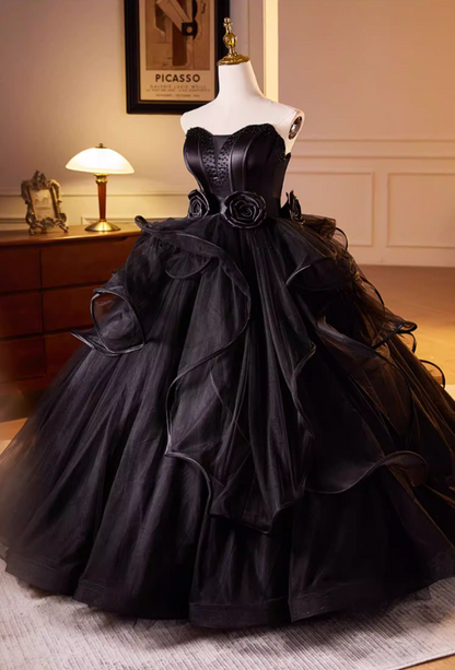 Voluminous Strapless A-Line Ruffles Black Tulle Sweet 16th Gowns Beads Handmade Flowers Prom Dress AP5604