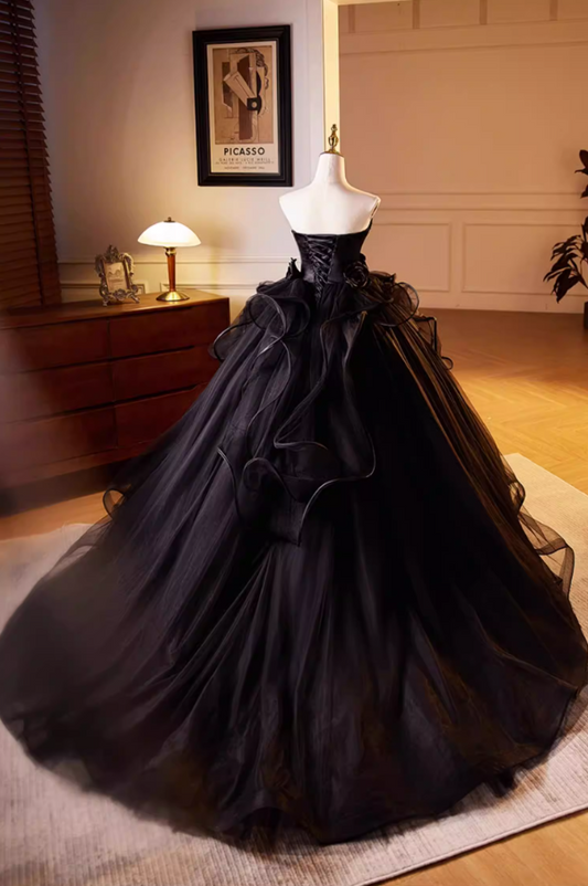 Voluminous Strapless A-Line Ruffles Black Tulle Sweet 16th Gowns Beads Handmade Flowers Prom Dress AP5604