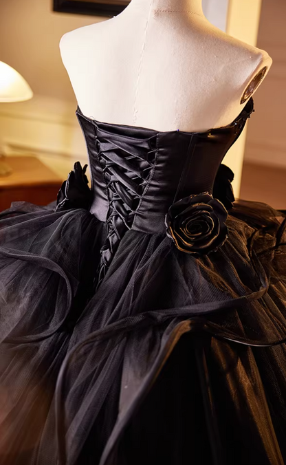 Voluminous Strapless A-Line Ruffles Black Tulle Sweet 16th Gowns Beads Handmade Flowers Prom Dress AP5604