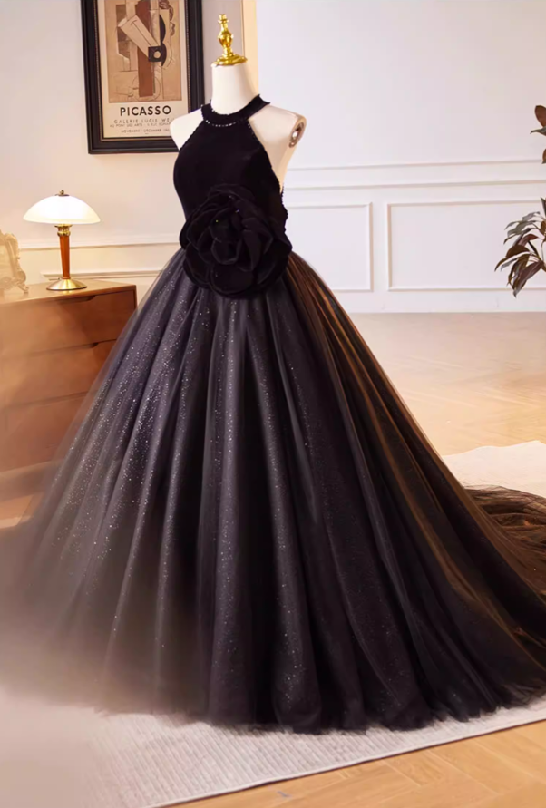 Gothic-Style Halter Neck A-Line Black Tulle Sweet 16 Gowns Beads Handmade Flowers Prom Dress AP5605