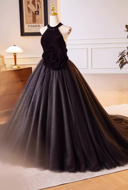 Gothic-Style Halter Neck A-Line Black Tulle Sweet 16 Gowns Beads Handmade Flowers Prom Dress AP5605
