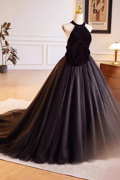 Gothic-Style Halter Neck A-Line Black Tulle Sweet 16 Gowns Beads Handmade Flowers Prom Dress AP5605