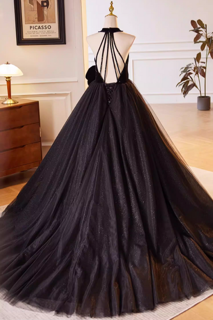 Gothic-Style Halter Neck A-Line Black Tulle Sweet 16 Gowns Beads Handmade Flowers Prom Dress AP5605