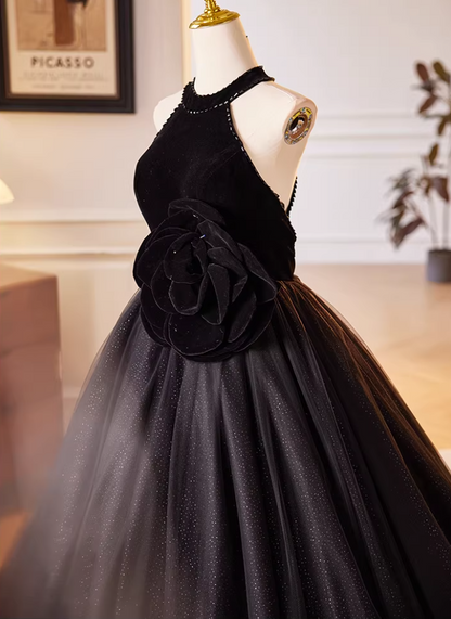 Gothic-Style Halter Neck A-Line Black Tulle Sweet 16 Gowns Beads Handmade Flowers Prom Dress AP5605