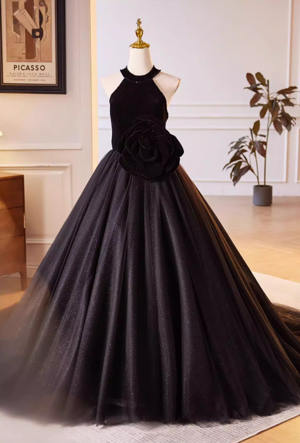 Gothic-Style Halter Neck A-Line Black Tulle Sweet 16 Gowns Beads Handmade Flowers Prom Dress AP5605
