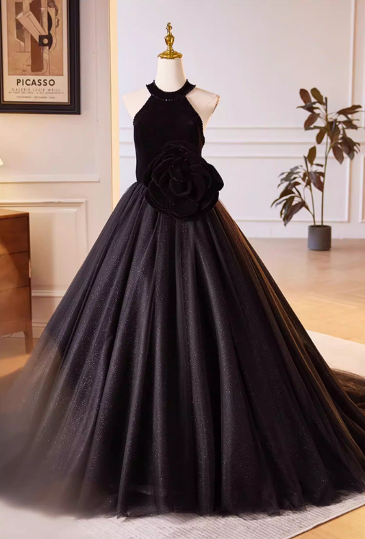 Gothic-Style Halter Neck A-Line Black Tulle Sweet 16 Gowns Beads Handmade Flowers Prom Dress AP5605