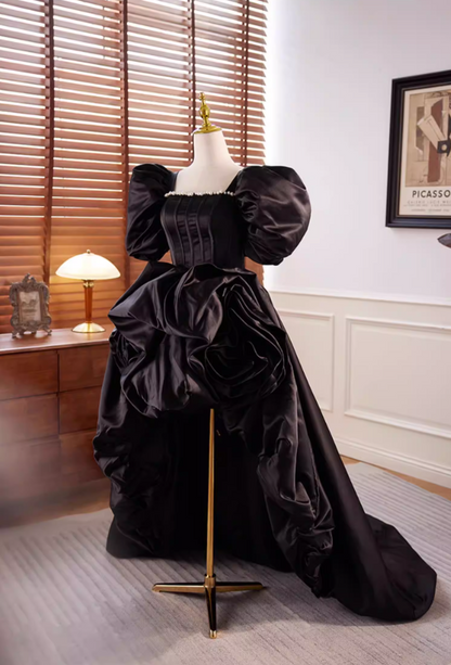 Gothic-Style A-Line Black Satin Square Neck Birthday Dress Pearls Handmade Flowers Puff Short Sleeve Homecoming Dress AP5606