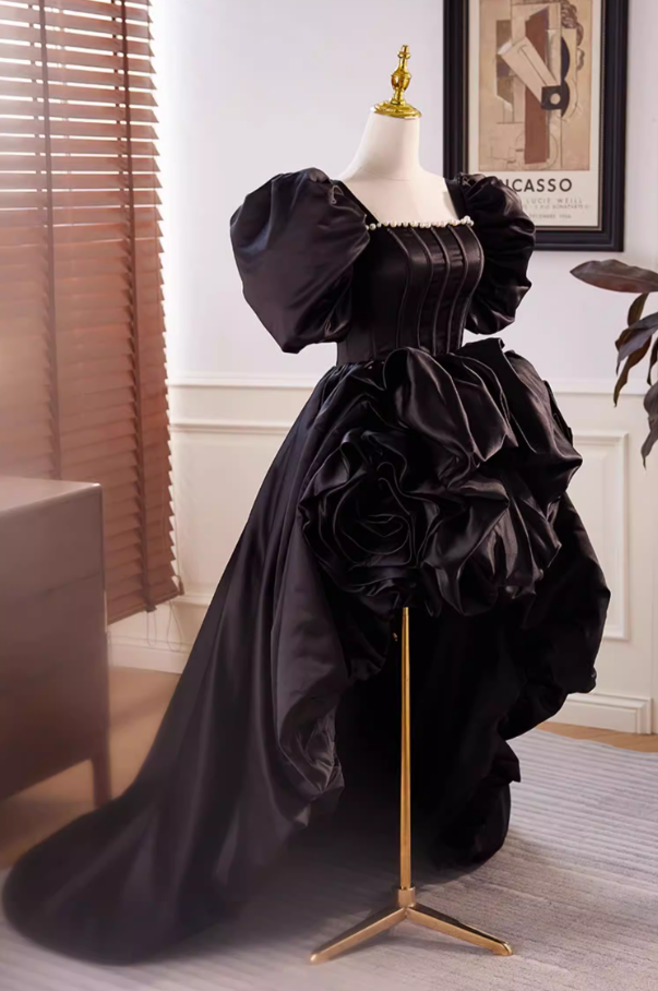 Gothic-Style A-Line Black Satin Square Neck Birthday Dress Pearls Handmade Flowers Puff Short Sleeve Homecoming Dress AP5606