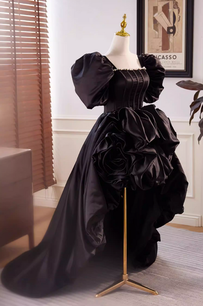 Gothic-Style A-Line Black Satin Square Neck Birthday Dress Pearls Handmade Flowers Puff Short Sleeve Homecoming Dress AP5606